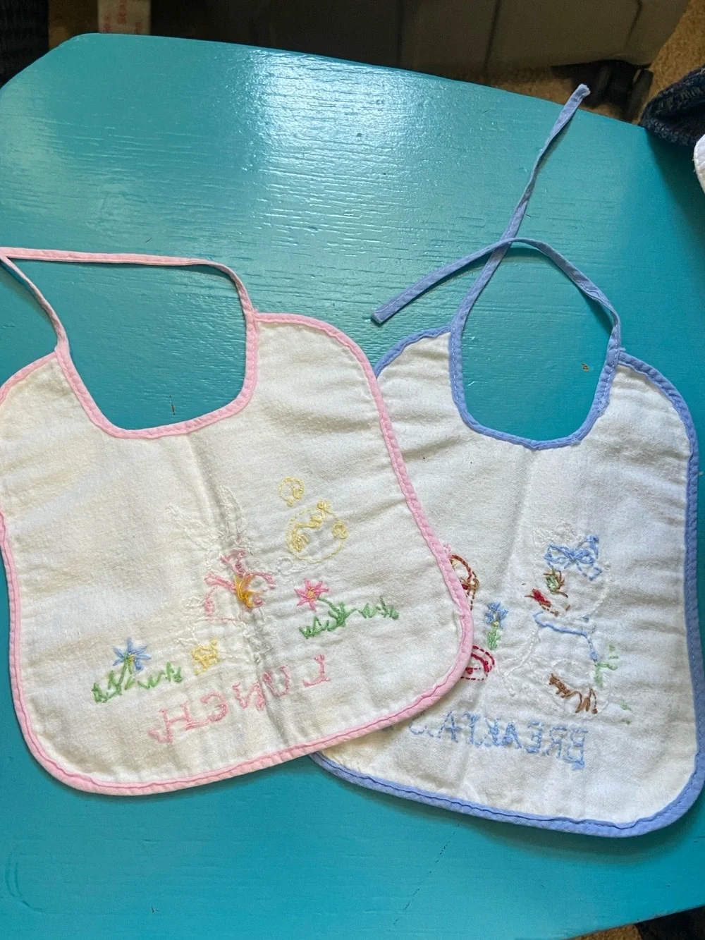 Embroidered Baby Bibs Vintage in Pink & Blue Trim with Bunny and Kitty and Puppy